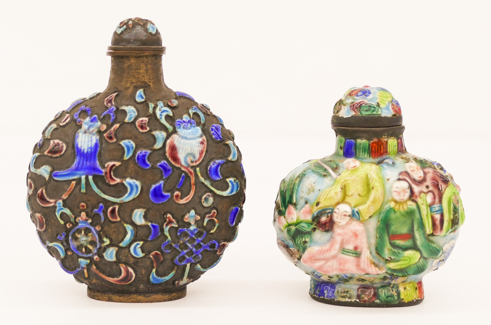 Appraisal: pc Chinese Enameled Silver Snuff Bottles Includes an enameled silver