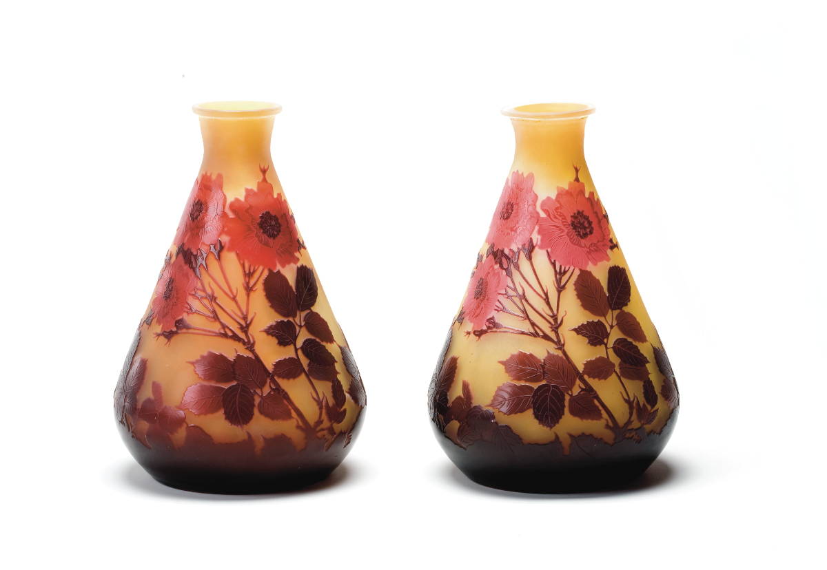 Appraisal: PAIR OF FRENCH CAMEO GLASS VASES CIRCA Each in pale