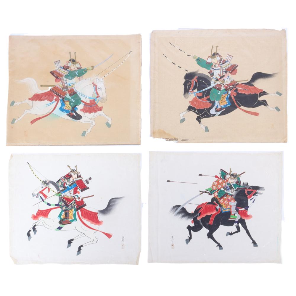 Appraisal: FOUR JAPANESE SAMURAI WARRIOR ON HORSE WATERCOLOR PAINTINGS ON SILK