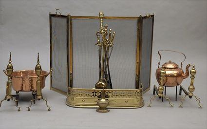 Appraisal: Group of Brass and Copper Hearth Equipment