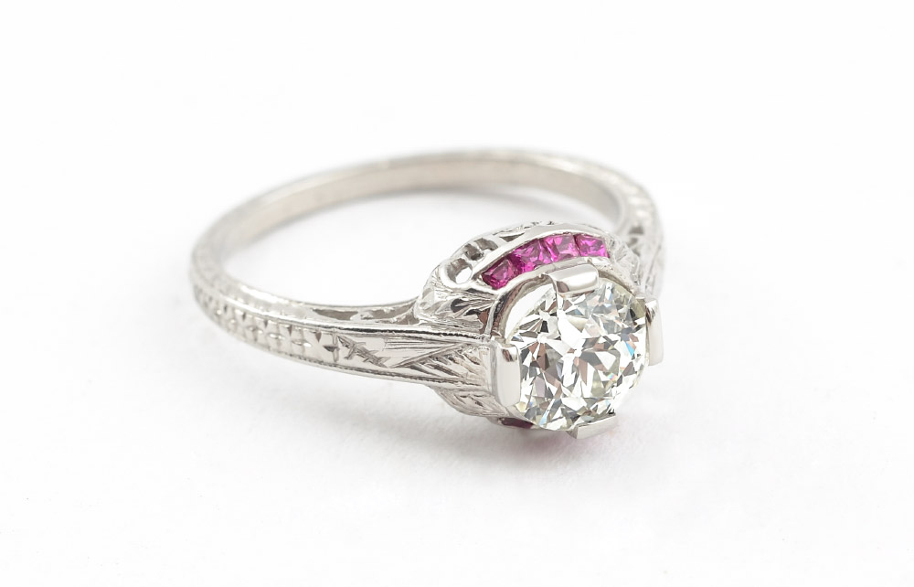 Appraisal: PLATINUM DIAMOND AND RUBY ART DECO RING Centering a Ct