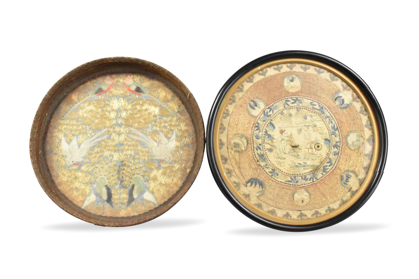 Appraisal: Two Chinese gilt embroidery circular panels dating from the Qing