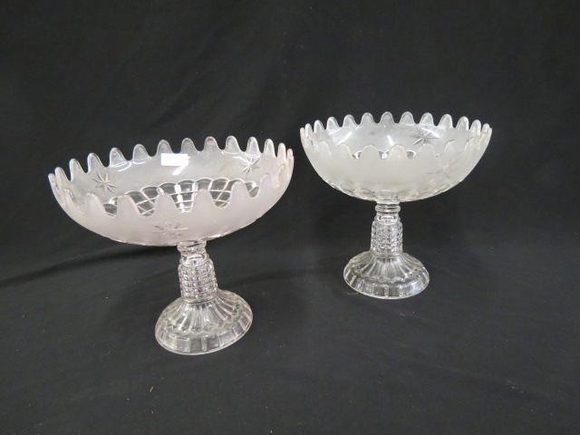 Appraisal: Pair of Large Pattern Glass Compotes block star decoration frosted