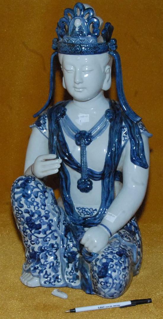 Appraisal: LARGE CHINESE BLUE AND WHITE CERAMIC SEATED DIETY finger detached