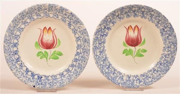 Appraisal: Two Blue Sponge Tulip Pattern China Plates Two Blue Sponge