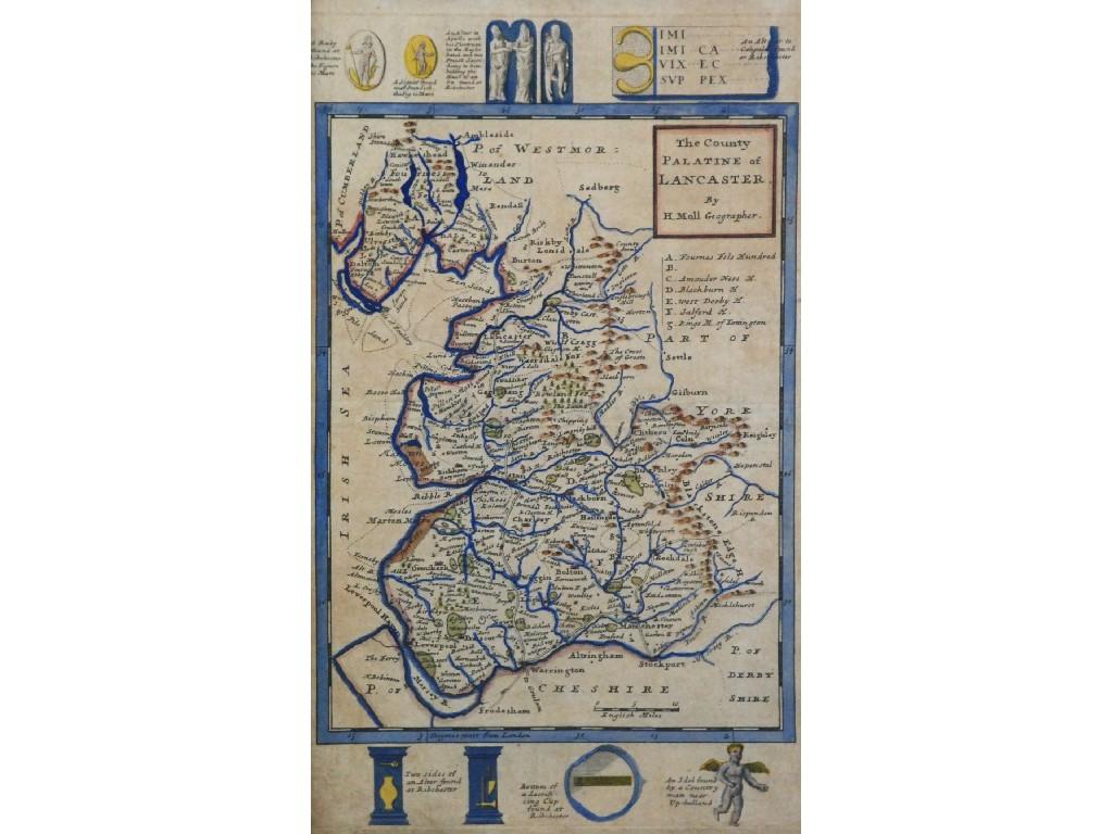 Appraisal: HERMAN MOLL ANTIQUE HAND COLOURED MAP'The County Palatine of Lancaster'with