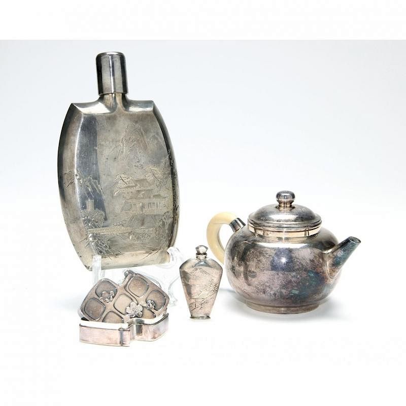 Appraisal: Four Japanese Silver Items the first a flask marked Silver