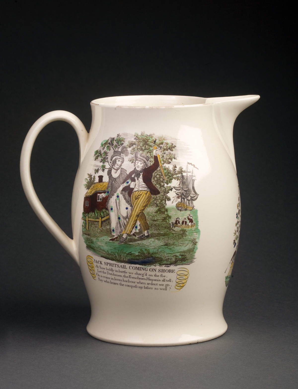 Appraisal: ENGLISH CREAMWARE ENAMEL-DECORATED AND BLACK TRANSFER-PRINTED JUG CIRCA - Printed