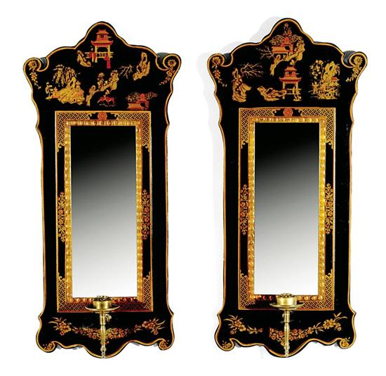 Appraisal: Pair Oriental paint-decorated mirrors shaped and scrolling frame enclosing mirror