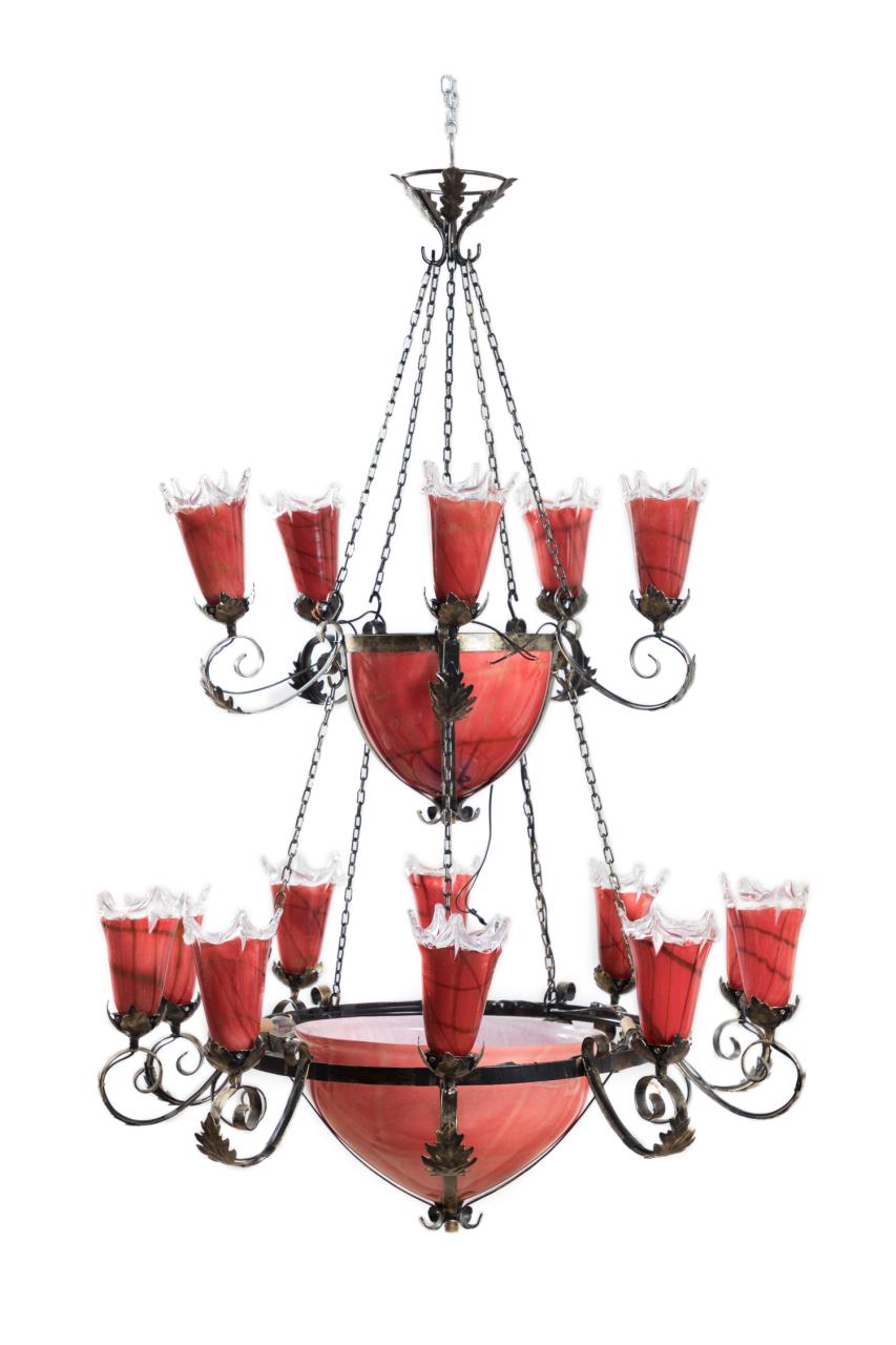 Appraisal: WROUGHT IRON RED ART GLASS LIGHT CHANDELIER Wrought iron two