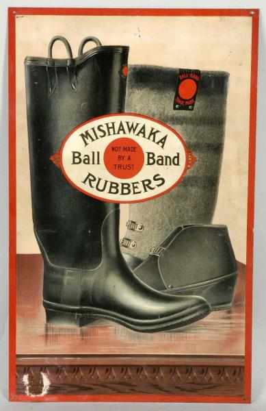 Appraisal: Tin Mishawaka Rubbers Advertising Sign Description Nice embossed tin sign