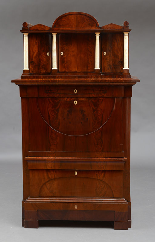 Appraisal: FINE BIEDERMEIER MARBLE-MOUNTED MAHOGANY AND BURL BIRCH FALL-FRONT SECRETAIRE BERLIN