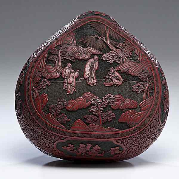 Appraisal: Chinese Covered Cinnabar Box Chinese A lidded peach-form red cinnabar