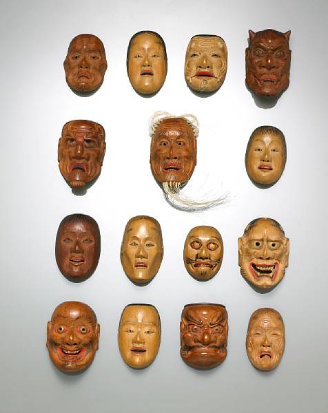 Appraisal: A group of fifteen miniature wood masks Deme School Meiji