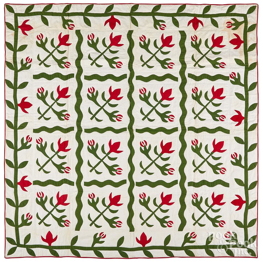 Appraisal: Red and green cactus flower quilt Red and green cactus