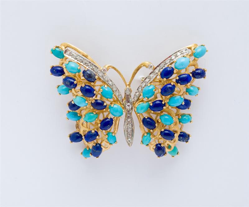 Appraisal: K YELLOW GOLD DIAMOND TURQUOISE AND LAPIS LAZULI BUTTERFLY FORM