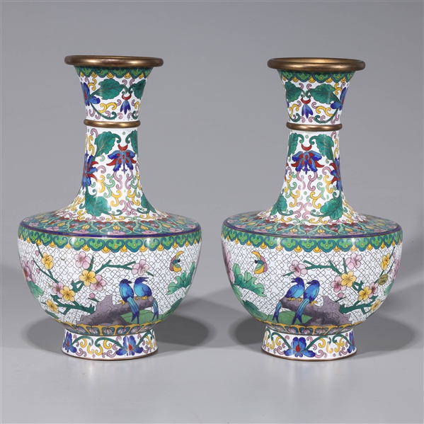 Appraisal: Pair of Chinese white ground cloisonn enamel vases with bird