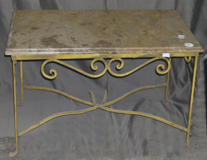 Appraisal: Diminutive Polychromed Wrought-Iron and Beige Marble-Top Cocktail Table with S-scroll