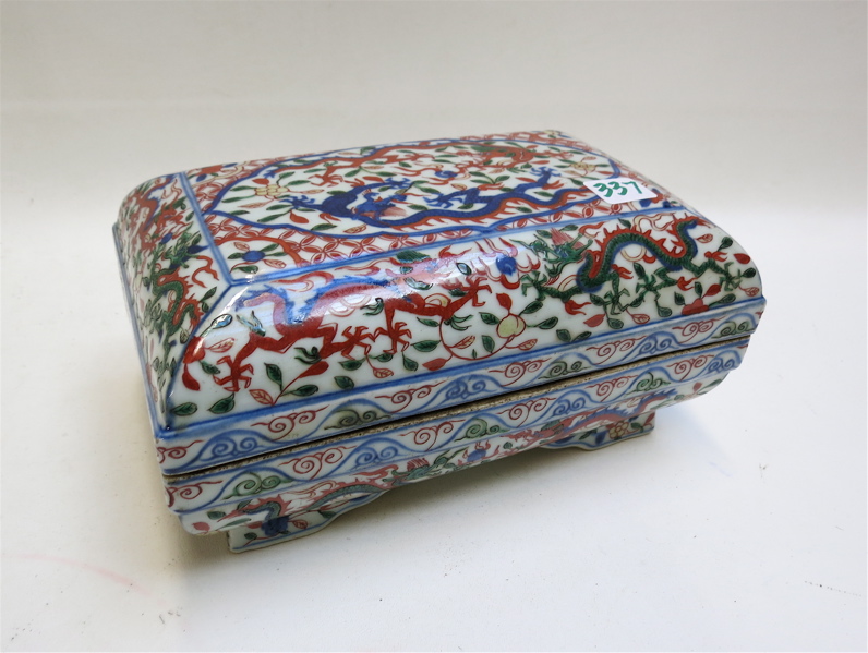 Appraisal: CHINESE ENAMELED DOUCAI PORCELAIN COVERED BOX a rectangular shaped vessel