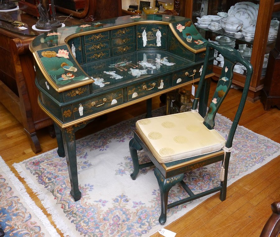 Appraisal: CARLTON STYLE CHINOISERIE DECORATED DESK Green lacquer with applied stone