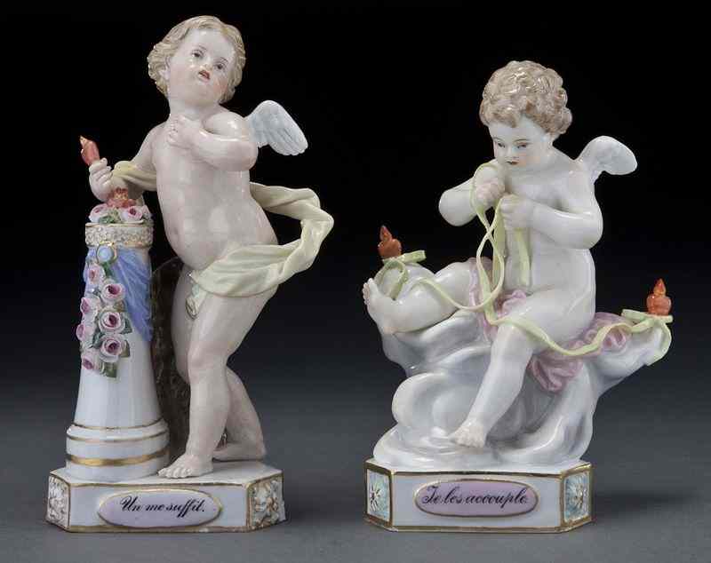 Appraisal: Meissen porcelain figures of puttistanding amidst clouds and pursuing various