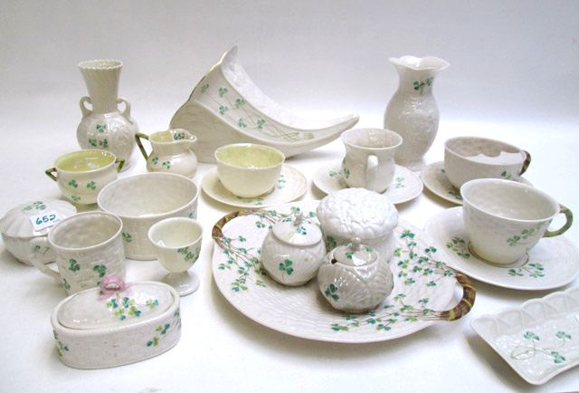 Appraisal: COLLECTION OF BELLEEK SHAMROCK PORCELAIN consisting of cookie plate moustache