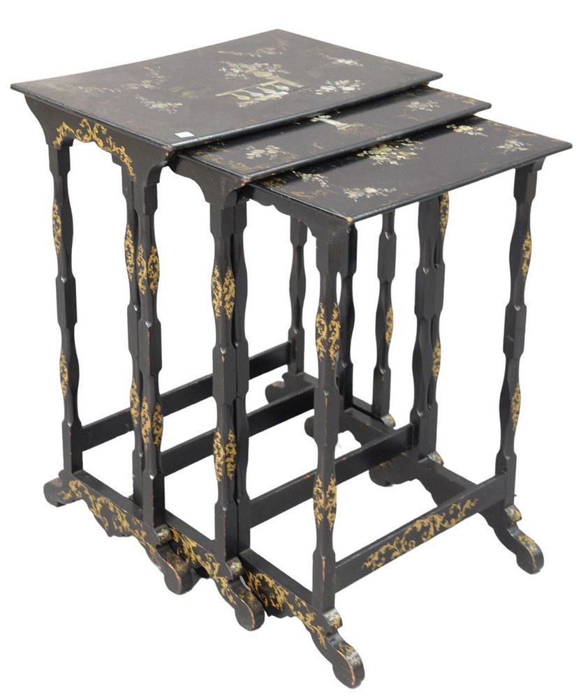 Appraisal: Nest of Three Victorian Black Lacquered Stacking Tables having mother