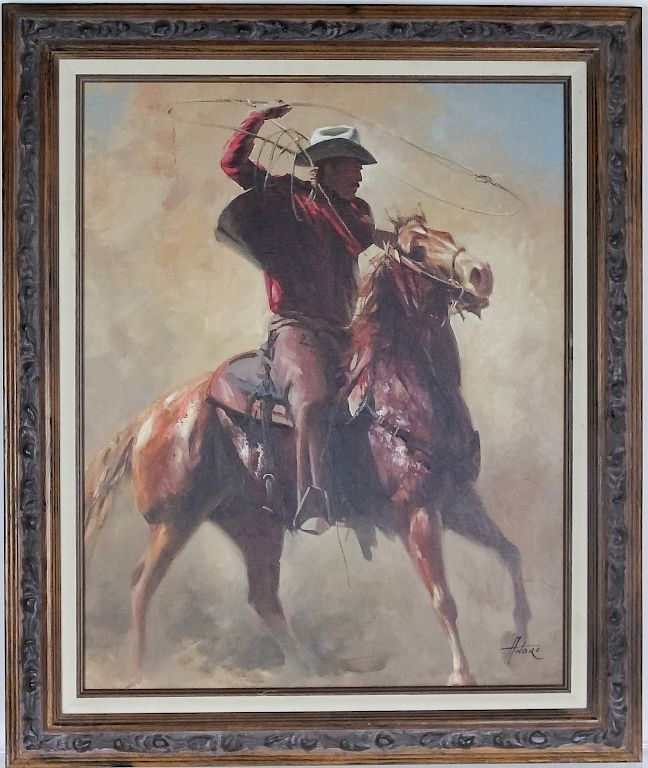 Appraisal: American Wild Western Cowboy Horse Oil Painting th Century American