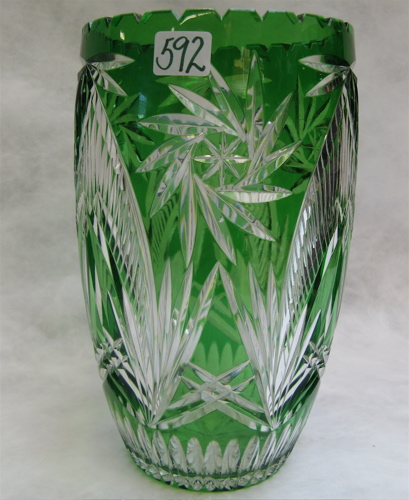 Appraisal: LARGE CONTINENTAL GREEN CRYSTAL FLOWER VASE green cut to clear