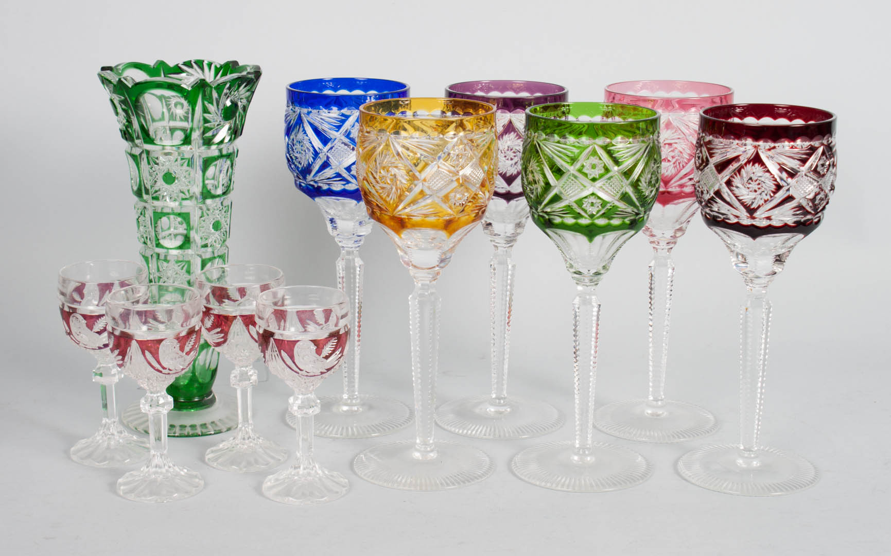 Appraisal: Czecho-Bohemian wine stems and vase six wine stems four cordials