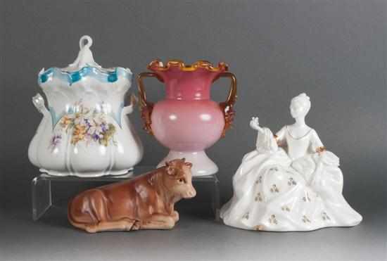 Appraisal: Two china figures porcelain biscuit jar and a glass vase