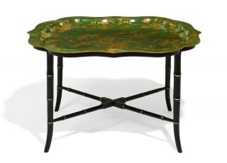 Appraisal: A VICTORIAN GREEN LACQUERED AND GILT PAINTED TRAY ON LATER