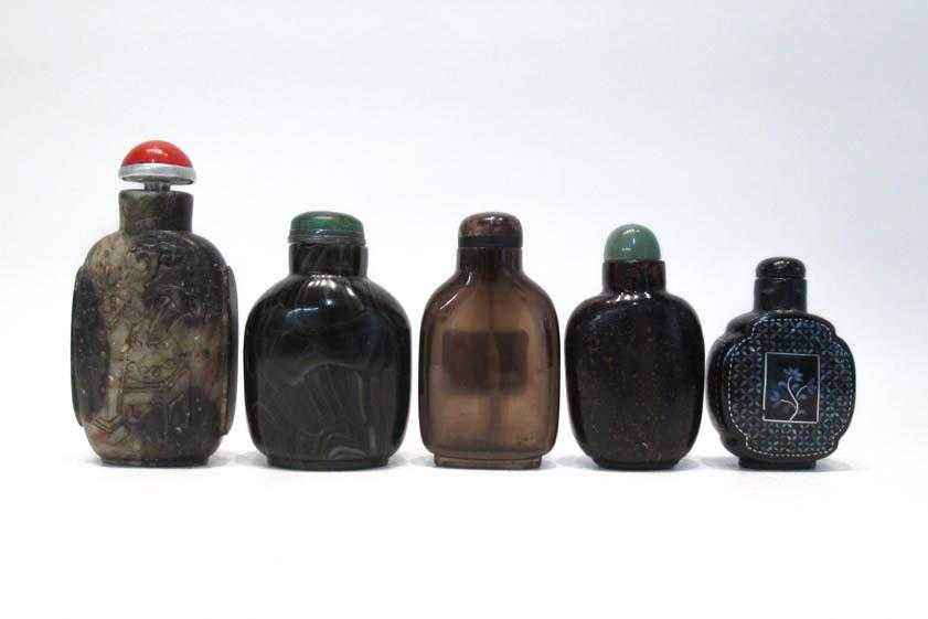 Appraisal: FIVE CHINESE SNUFF BOTTLES made from soapstone hardstone glass and