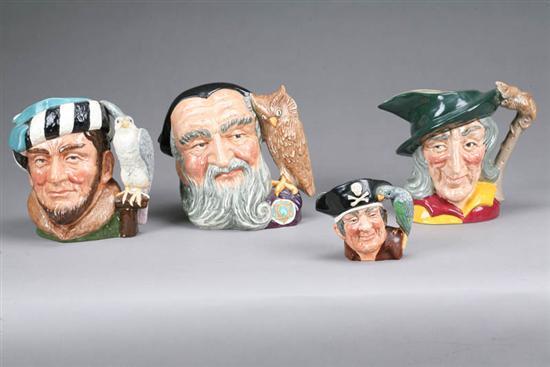 Appraisal: FOUR ROYAL DOULTON CHARACTER JUGS Merlin The Falconer Pied Piper