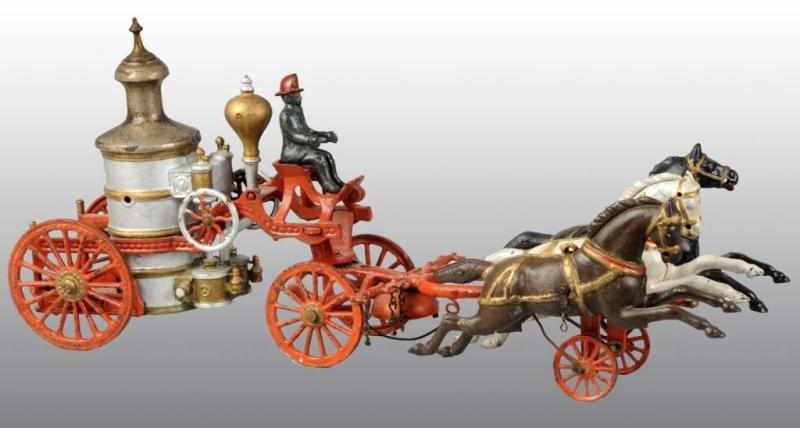 Appraisal: Cast Iron Horse-Drawn Fire Pumper Toy Description American Pulled by