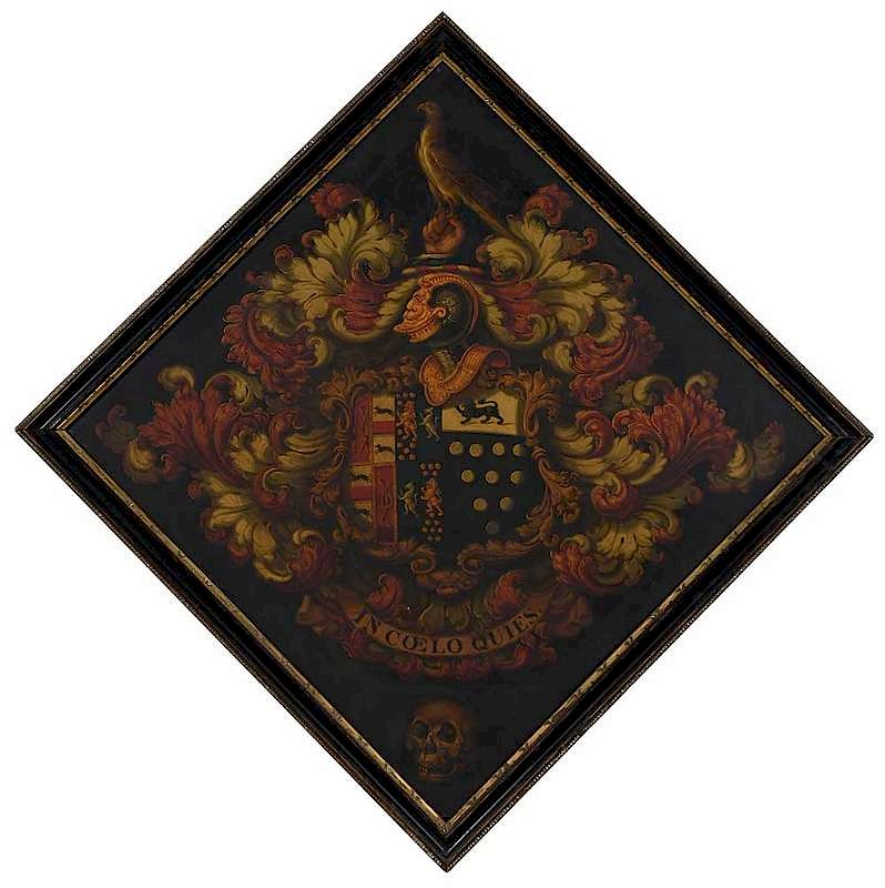 Appraisal: British th Century Hatchment four rampant lions dogs with skull