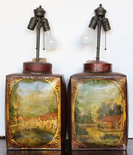 Appraisal: Pair of Victorian tole tea tins mounted as table lamps