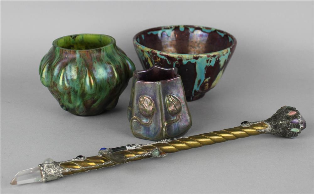 Appraisal: THREE ART GLASS AND CERAMIC ITEMS AND A BRASS SCEPTRE