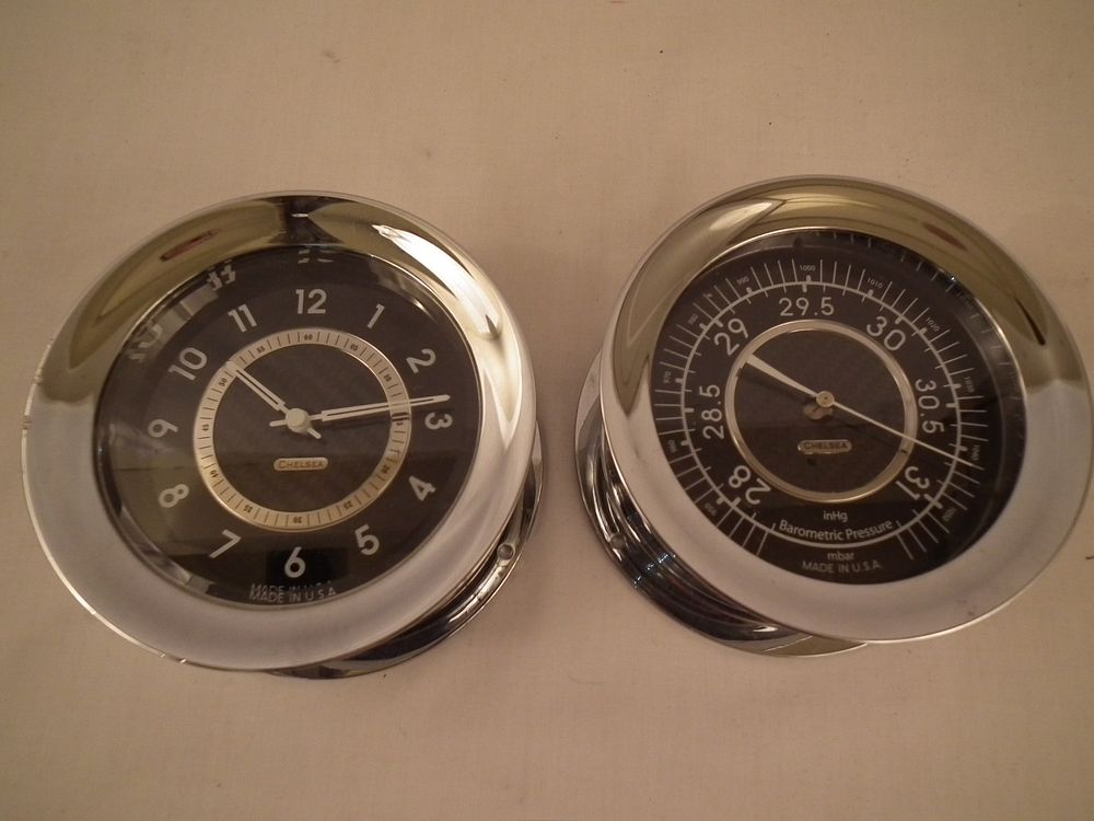 Appraisal: CHELSEA CHROME SHIP CLOCK BAROMETER Modern Chelsea chrome-plated brass ships