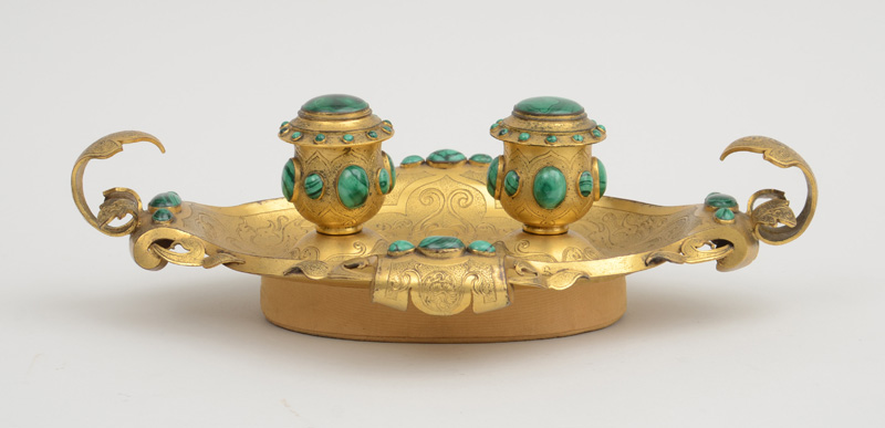 Appraisal: NAPOLEON III MALACHITE-MOUNTED GILT-METAL ENCRIER IN THE RENAISSANCE STYLE The