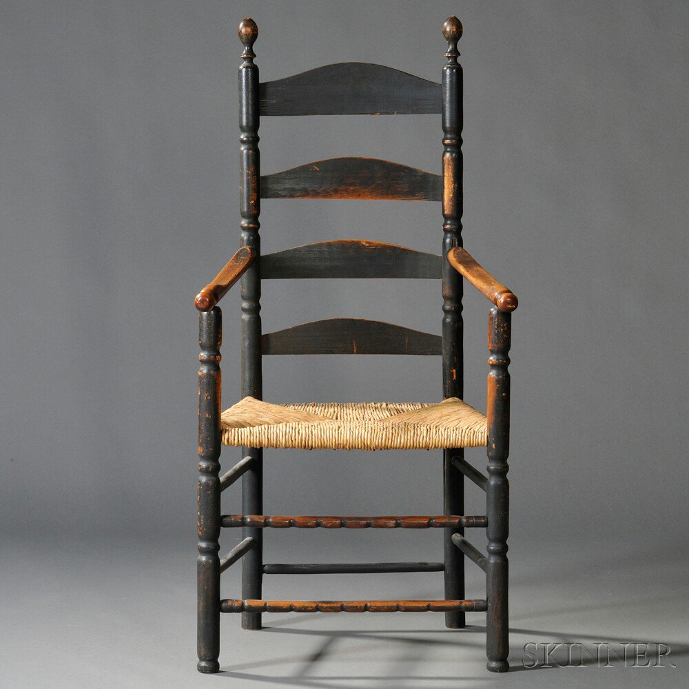 Appraisal: Black-painted Turned Slat-back Armchair New England early th century with