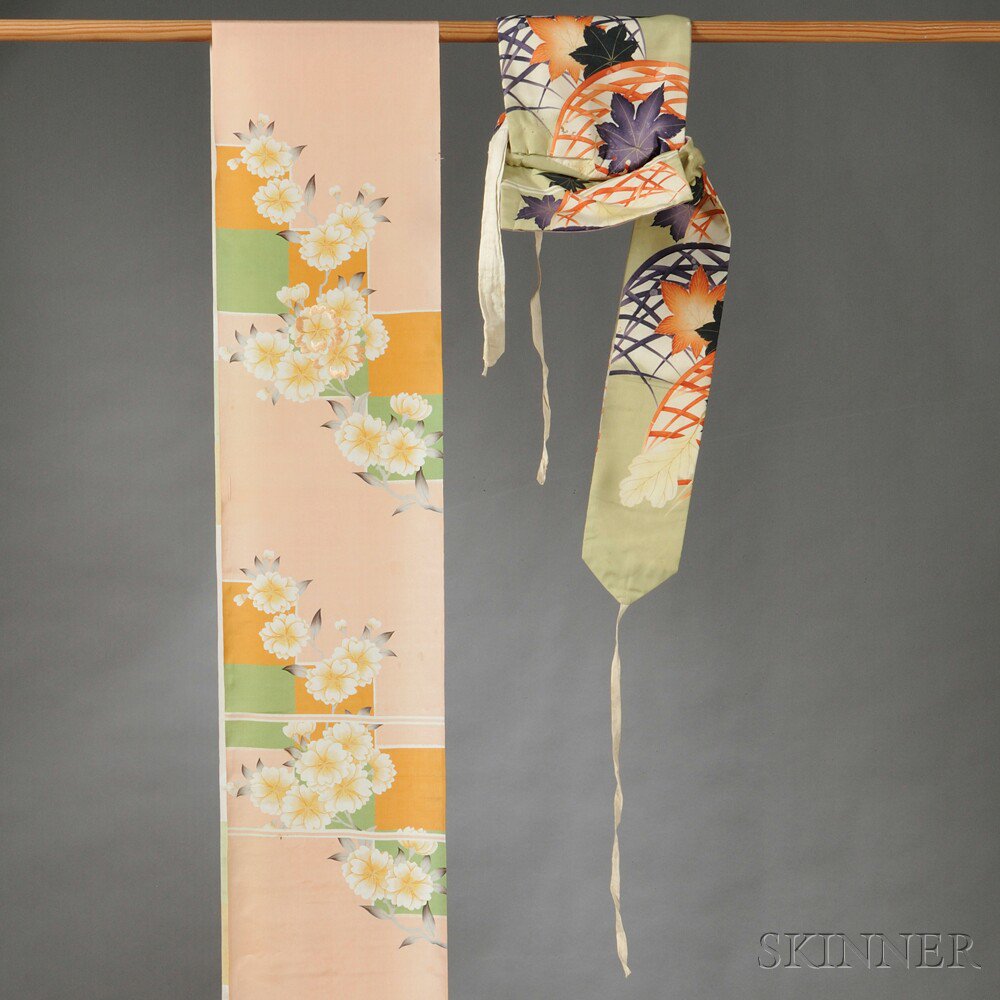 Appraisal: Two Obi Textiles Japan th century each depicting flowers and