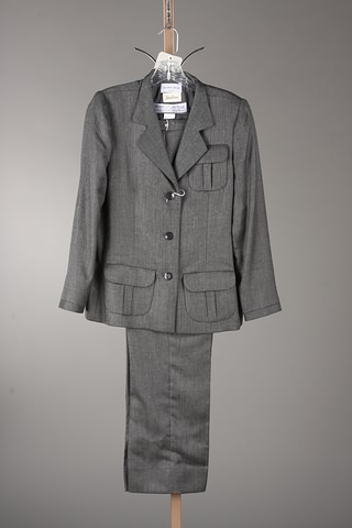 Appraisal: Andr Laug gray black cashmere silk slacks suit with dot