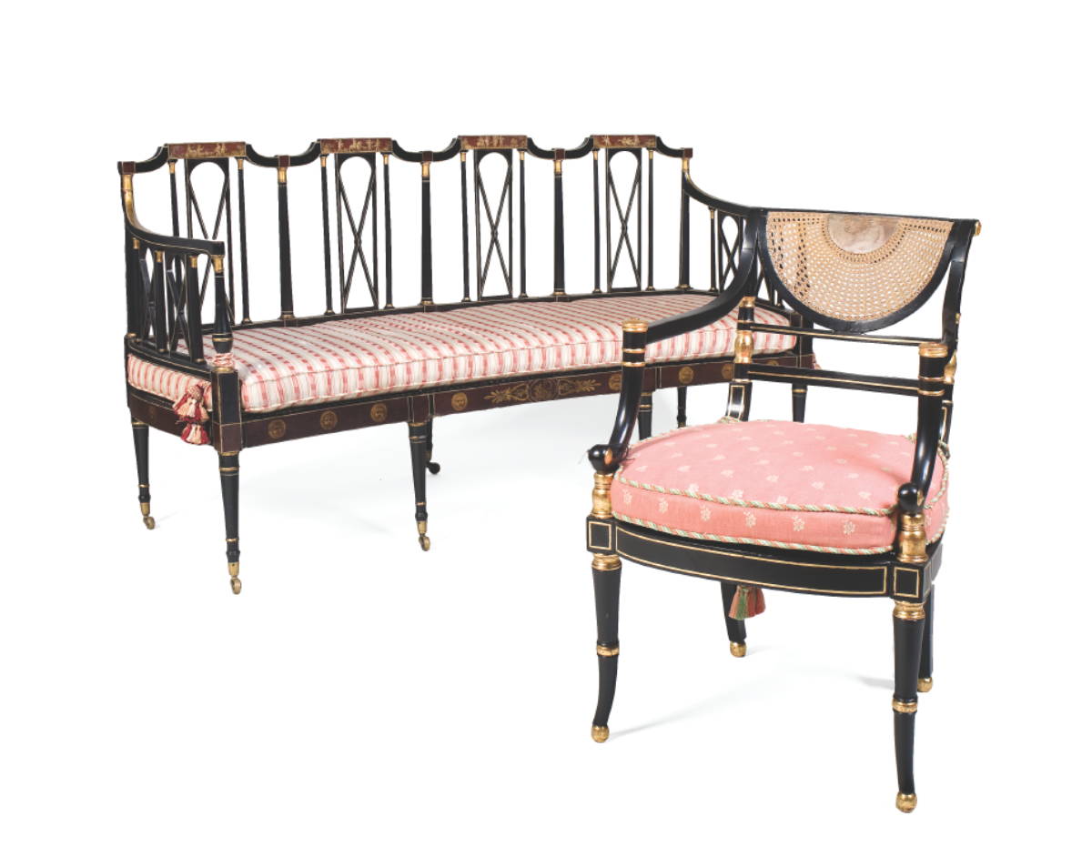 Appraisal: ENGLISH REGENCY BLACK PAINTED AND DECORATED CHAIR-BACK SETTEE The shaped