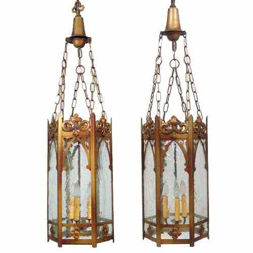 Appraisal: Two American Gothic Revival Brass Hexagonal Hall Lanterns circa each