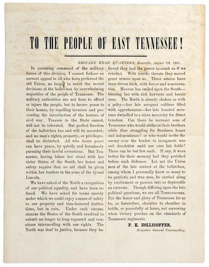 Appraisal: TENNESSEE - Felix K ZOLLICOFFER To the People of East