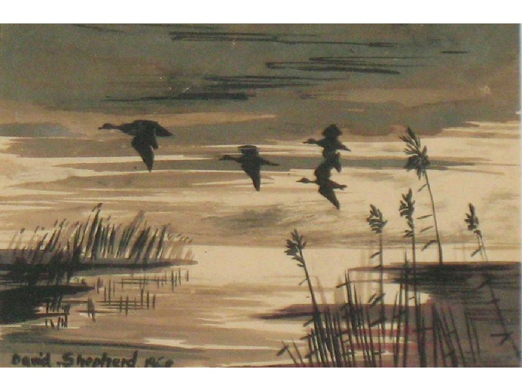 Appraisal: DAVID SHEPHERD Flighting geese over a lake signed David Shepherd