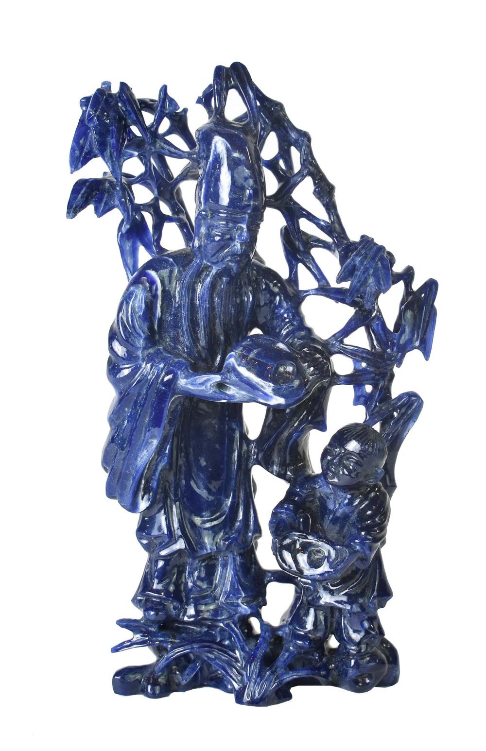 Appraisal: CHINESE CARVED LAPIS LAZULI FIGURAL GROUPDepicting an elderly bearded sage