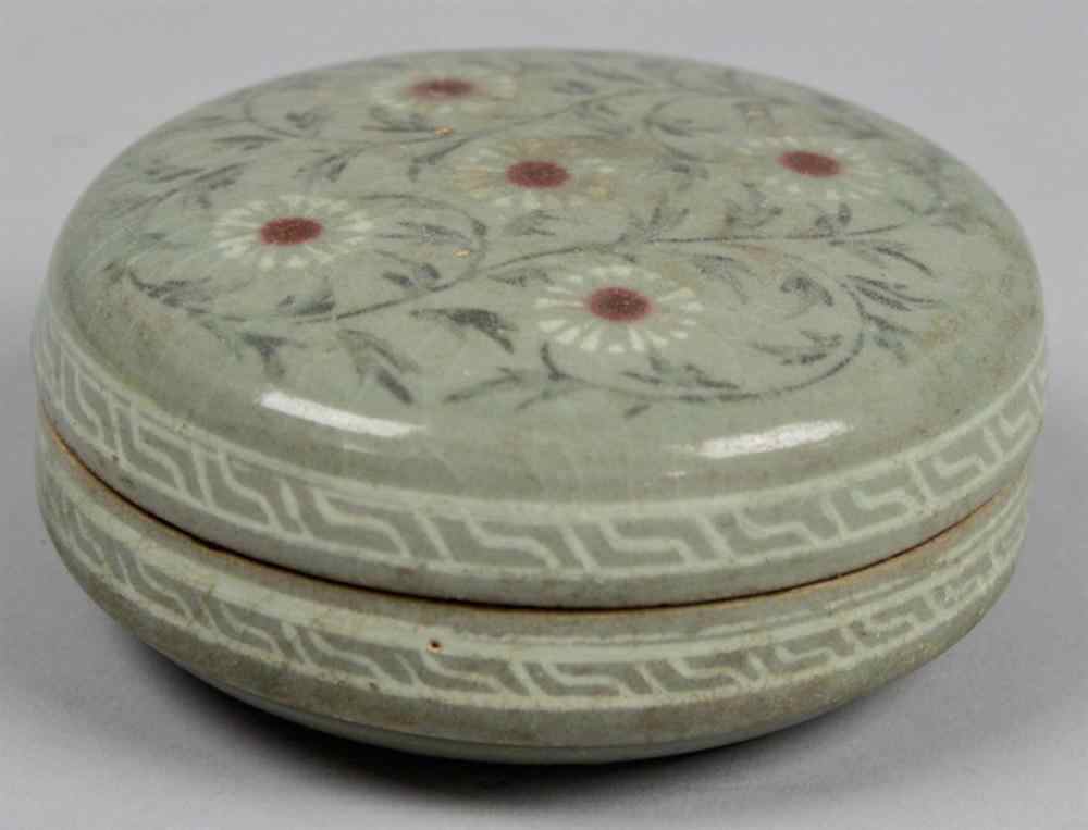 Appraisal: KOREAN INLAID CELADON AND UNDERGLAZE COPPER RED COSMETIC POT IN