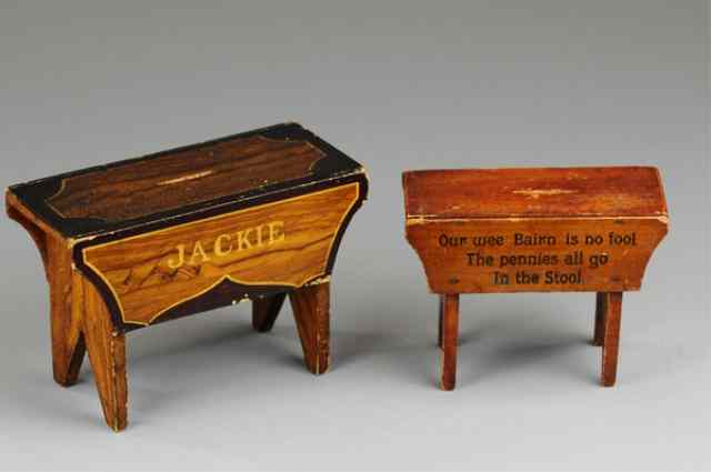 Appraisal: TWO WOOD STOOL STILL BANKS Includes painted example with bottom